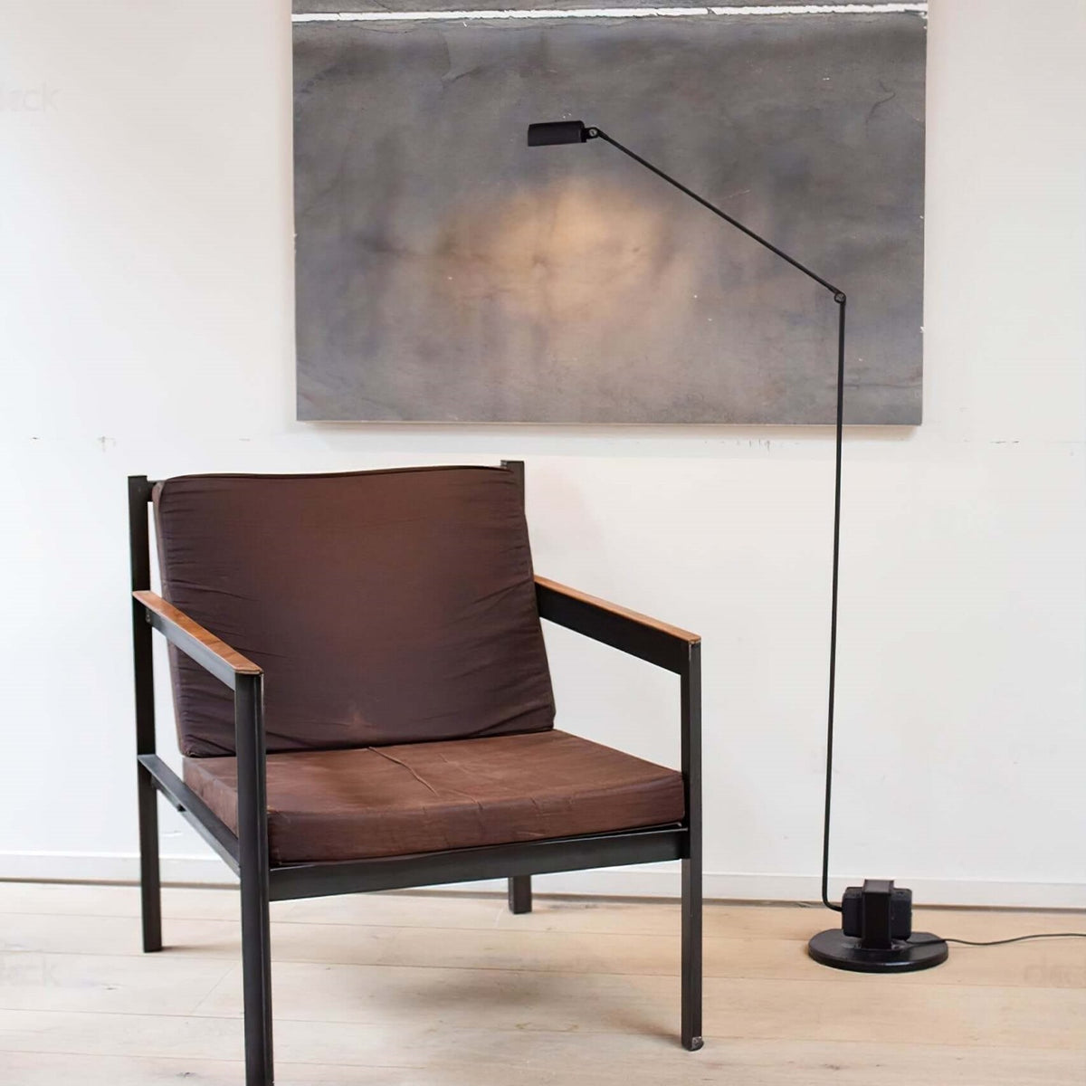 Maintained House Slim Swing Arm LED Floor Lamp - Beside an armchair