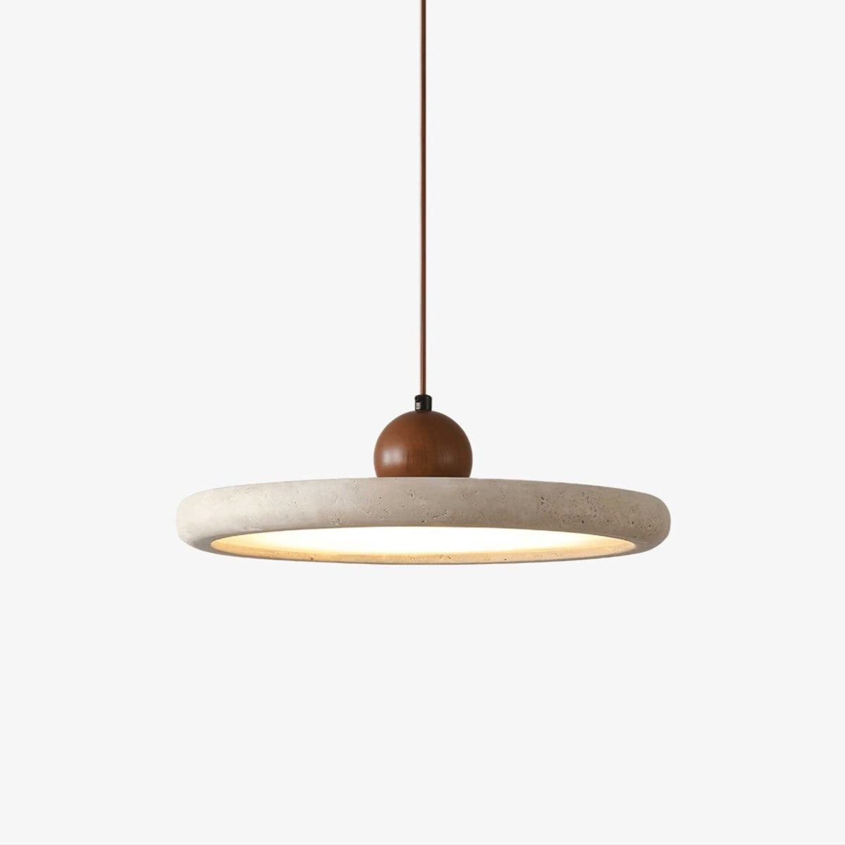 Maintained House Travertine Disc Pendant Light - Walnut, on white