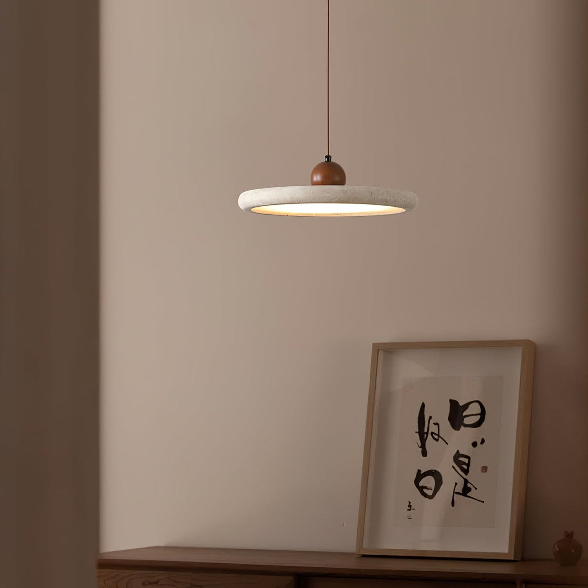 Maintained House Travertine Disc Pendant Light - Over a console