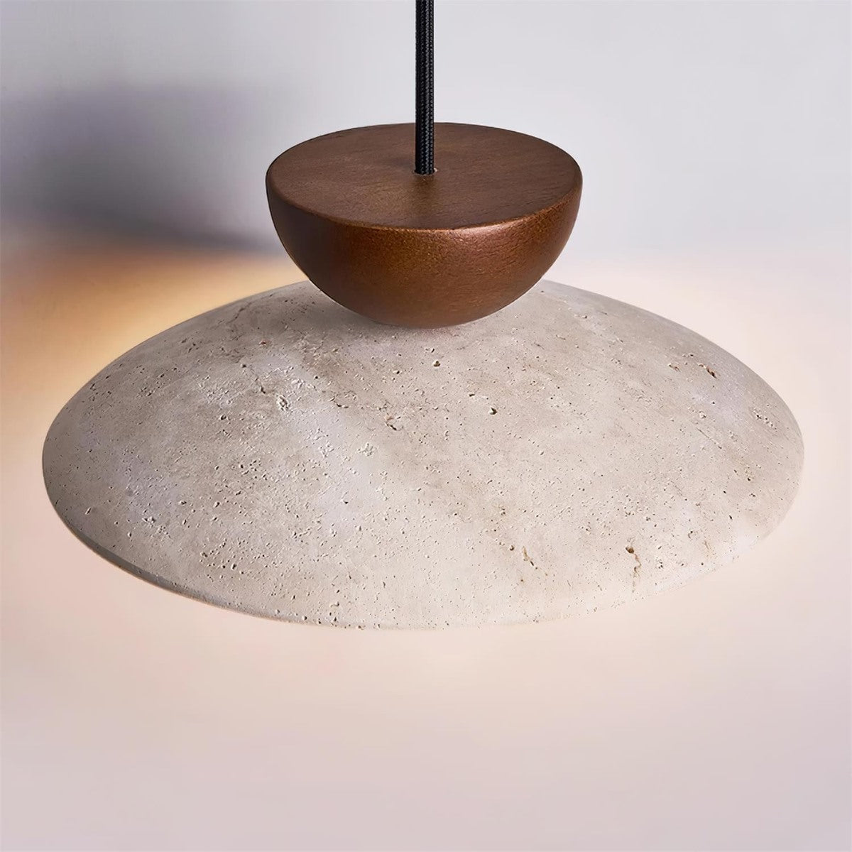 Maintained House Travertine Saucer Pendant Light - Stone and walnut close-up