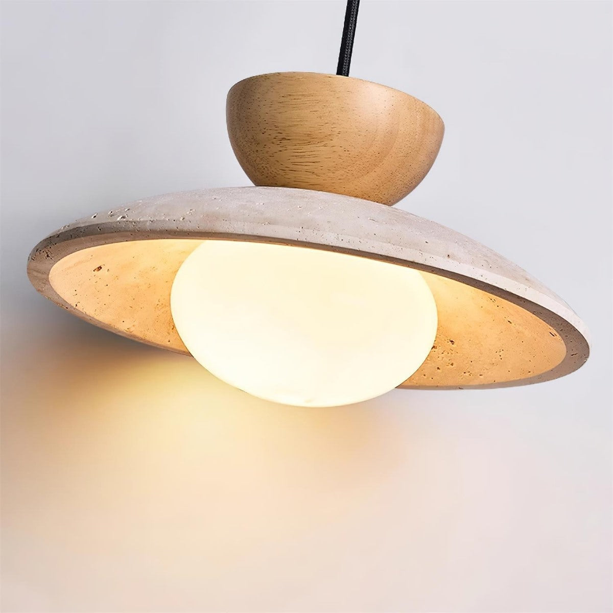 Maintained House Travertine Saucer Pendant Light - Natural Wood from below