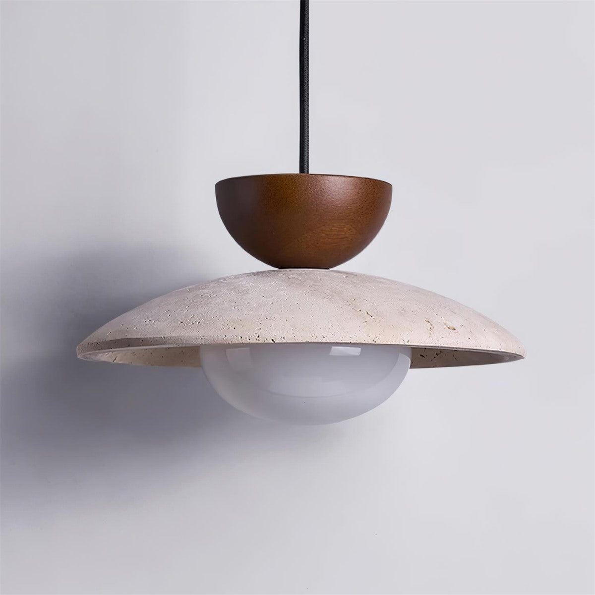 Maintained House Travertine Saucer Pendant Light - Walnut, on gray