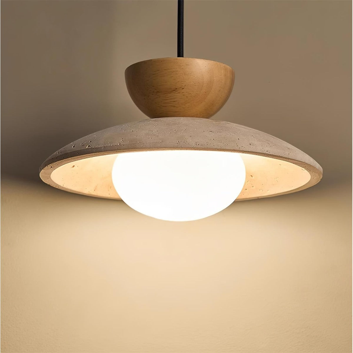 Maintained House Travertine Saucer Pendant Light - Natural Wood, warm glow