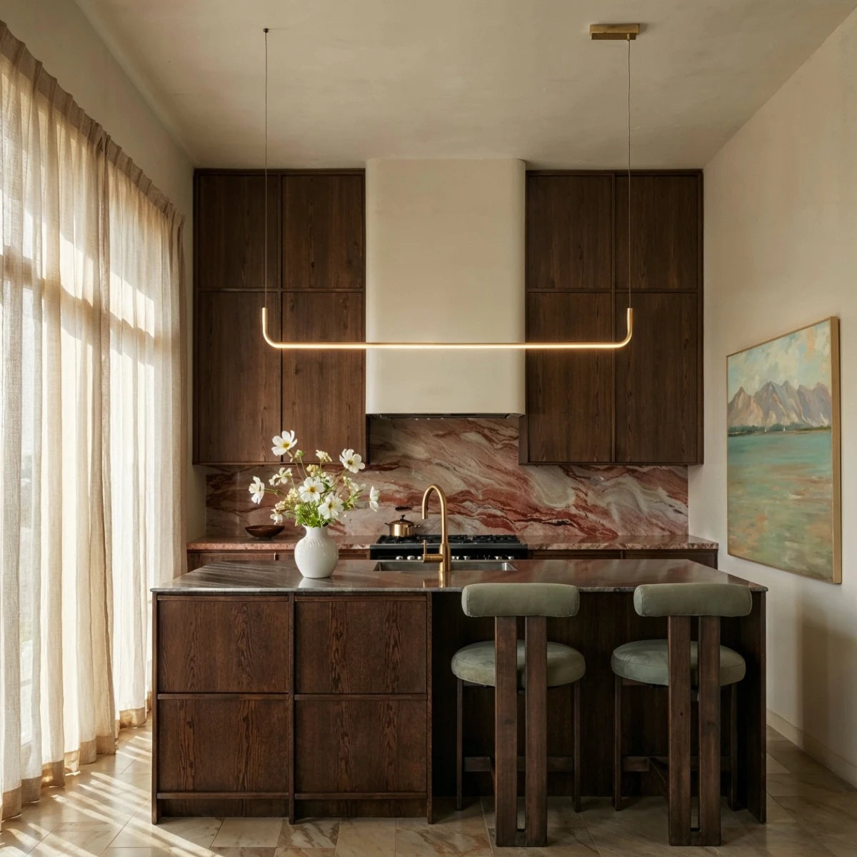 Maintained House U-Line LED Chandelier - Single Bar, Gold over a kitchen island