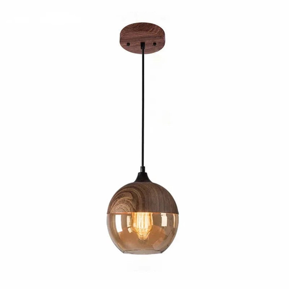 Maintained House Wood Grain Amber Glass Pendant Light - Globe with wood grain top