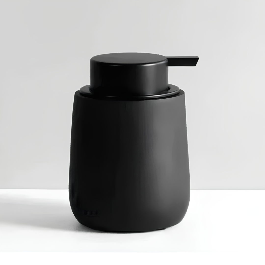 Close-up of matte black ceramic liquid soap pump dispenser