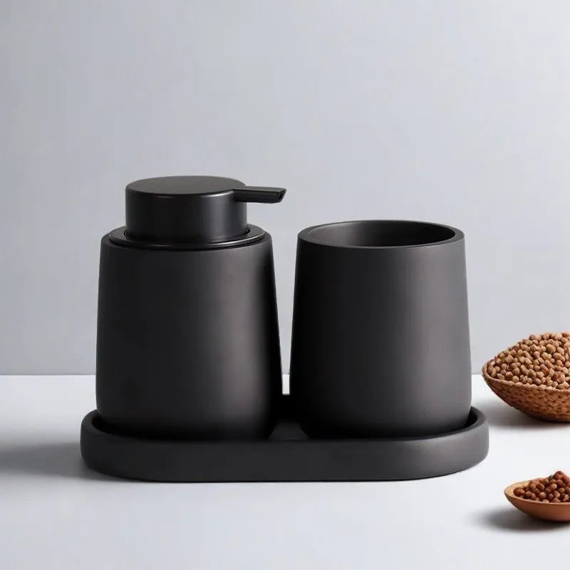 3-piece matte black bathroom set with dispenser and tray