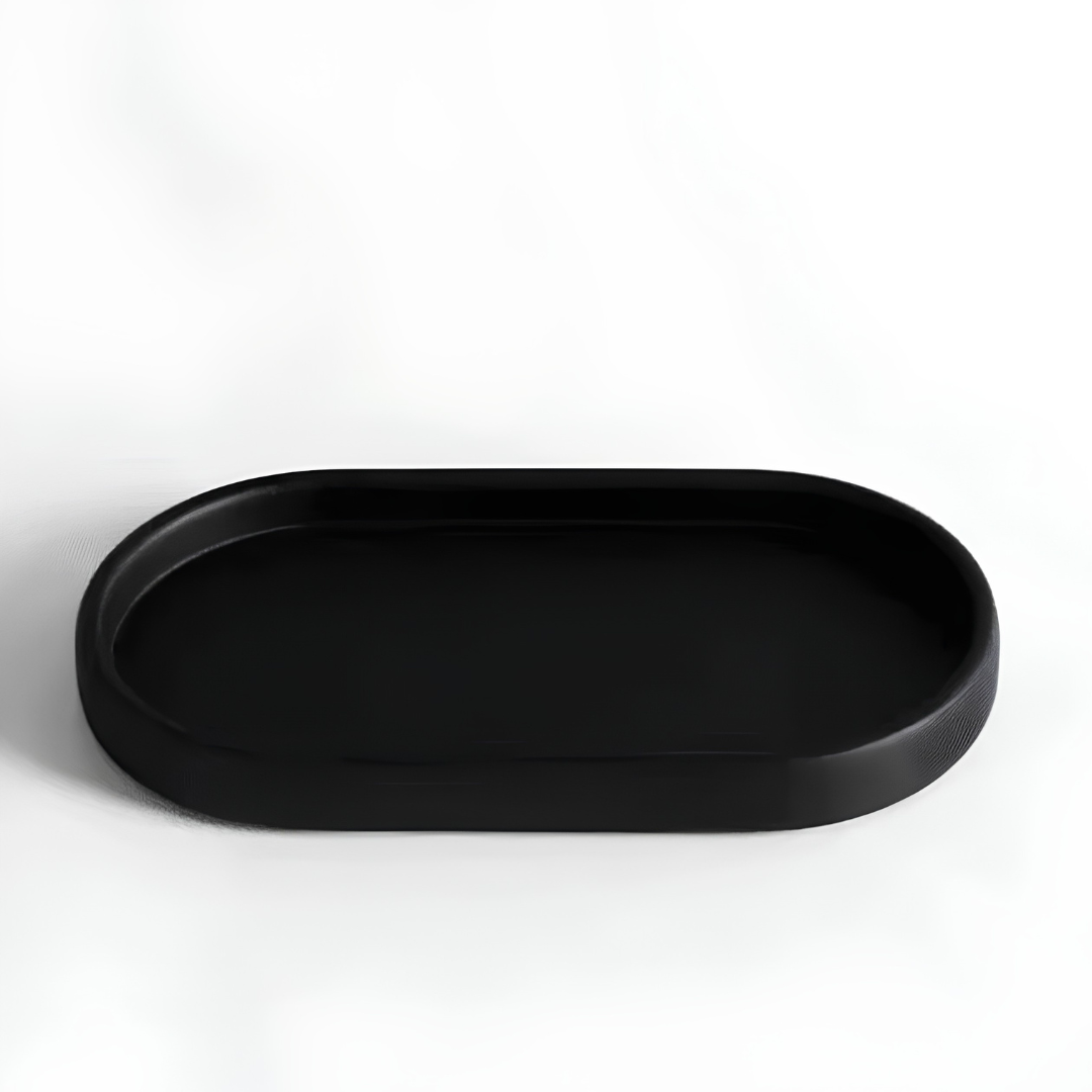 Matte black oval ceramic bathroom tray with smooth rim