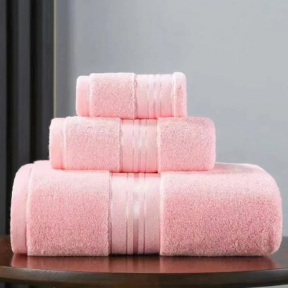 Pink 3-piece soft fluffy bath towel set featuring dense terry loops and stripes