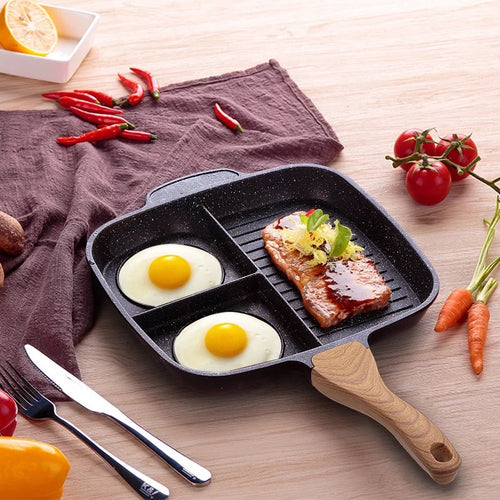 3 Section Frying Pan | Nonstick Granite Divided Grill Pan Wood Handle