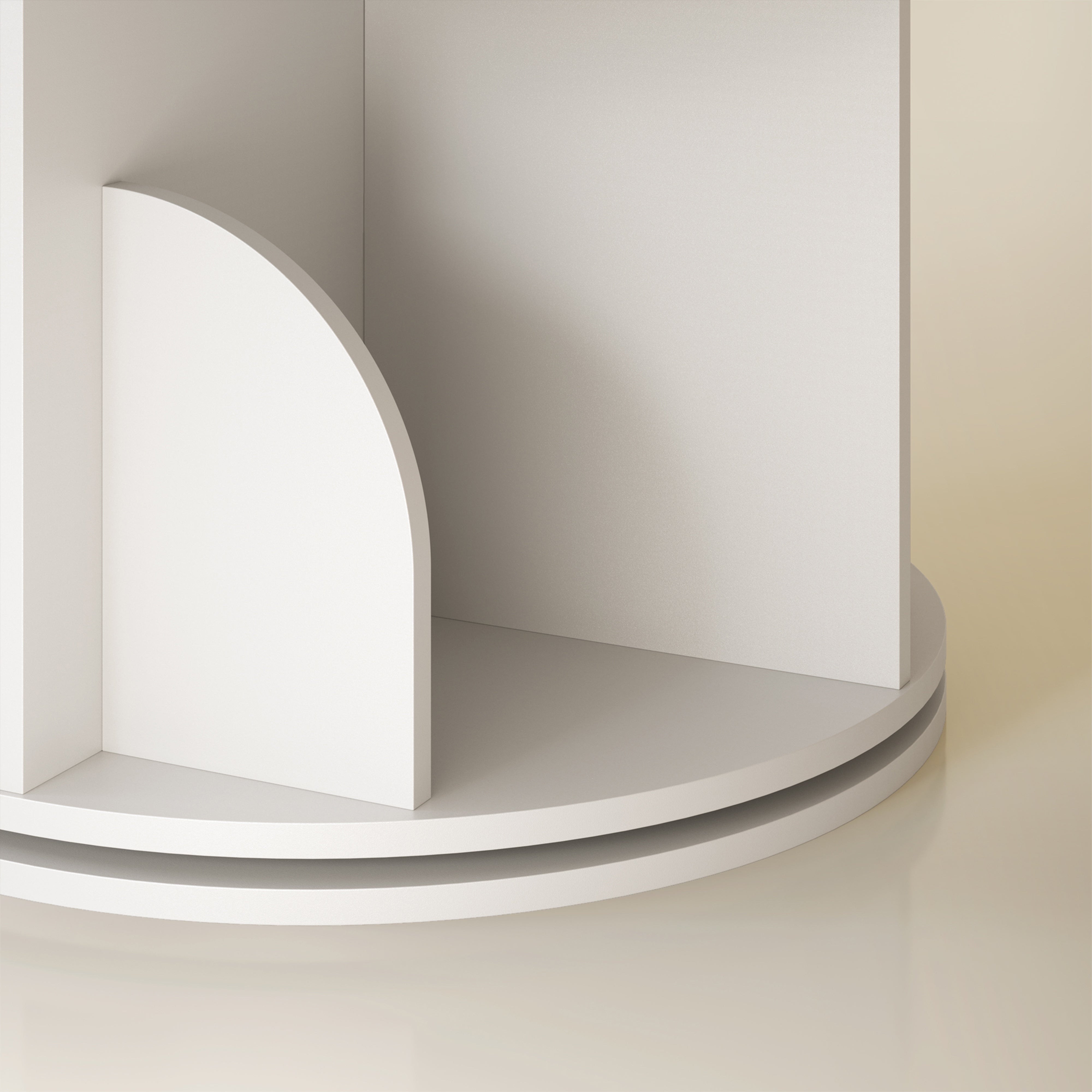 Close-up of white arched compartment divider and swivel base detail
