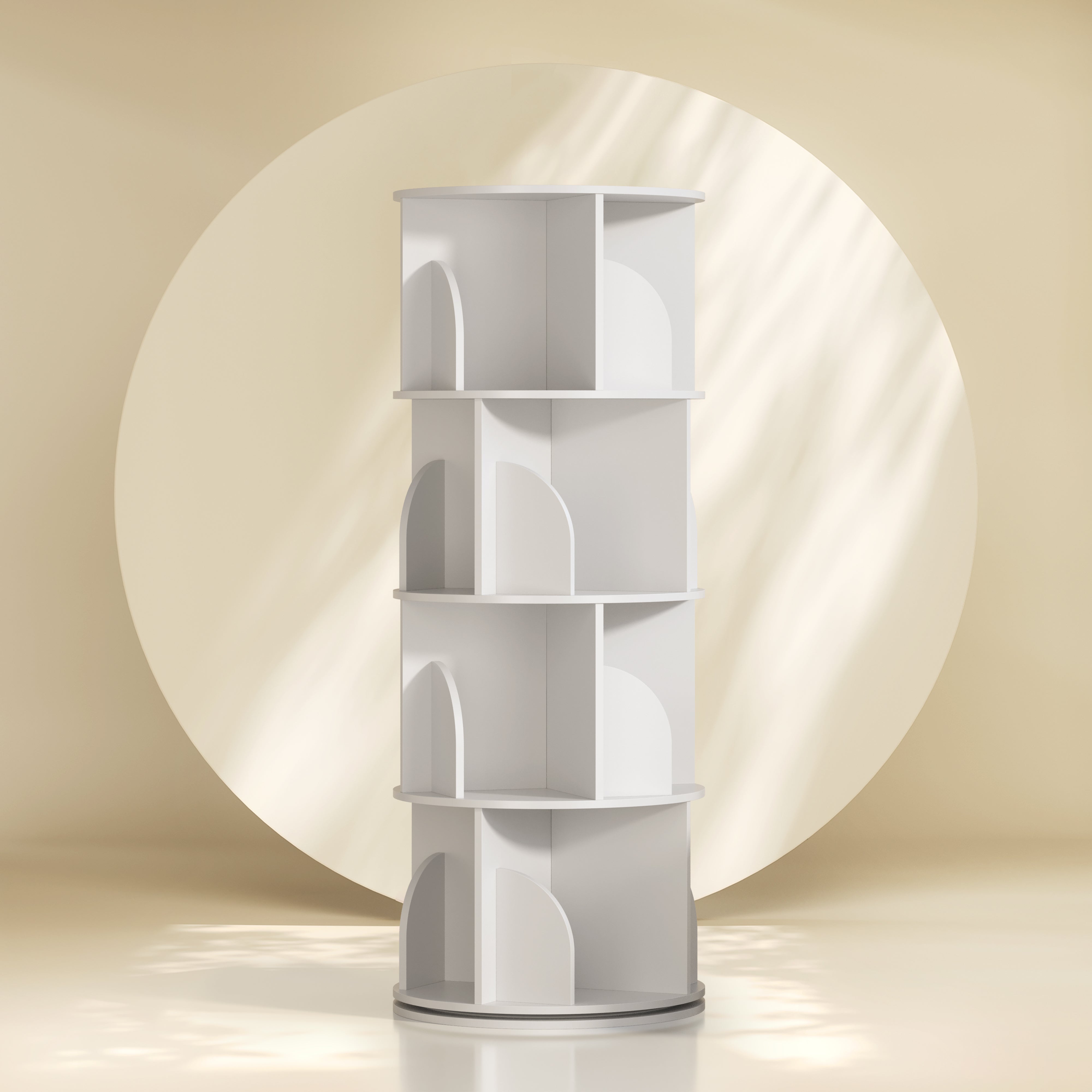 Front view of white round 360-degree rotating storage organizer tower