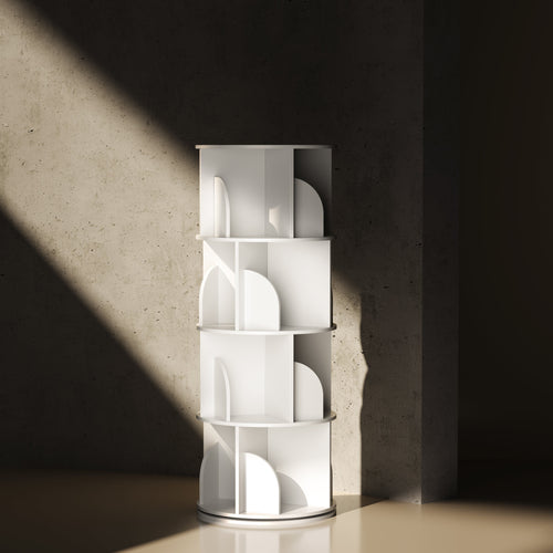 360 Rotating Bookshelf | 4 Tier Round Storage Organizer White Wood