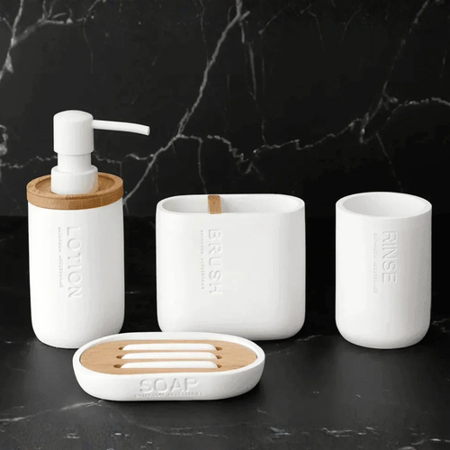 4 Piece Bathroom Accessories Set | Bamboo Trim Soap Dispenser Matte Black
