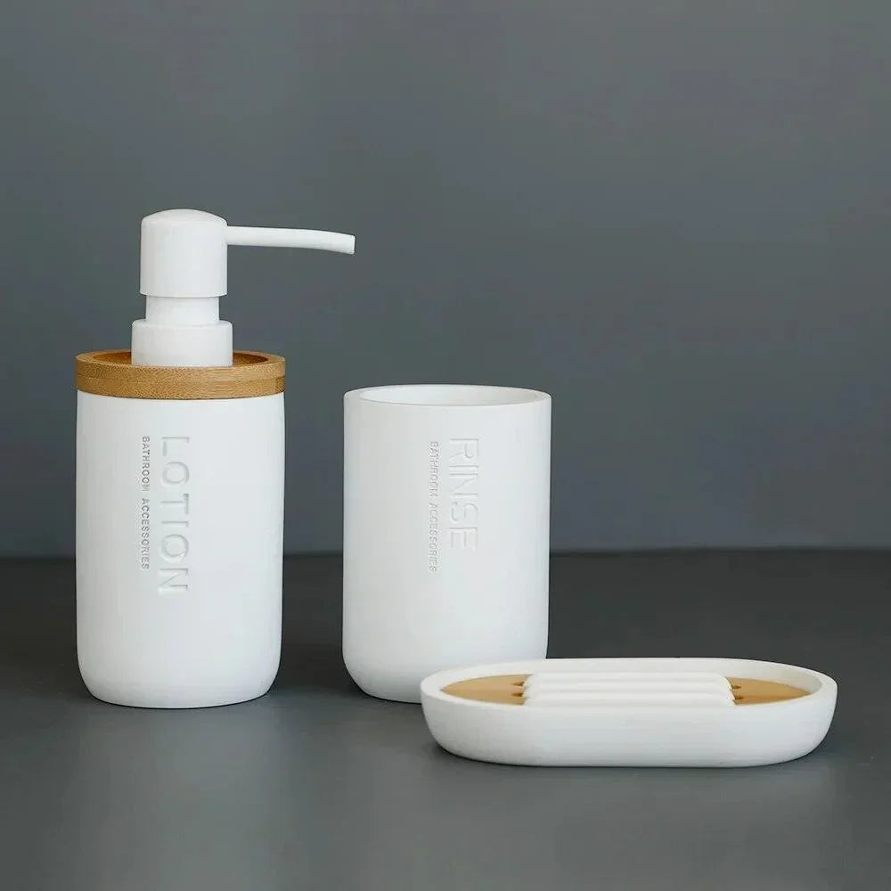Minimalist white bathroom collection with matte finish and wood details