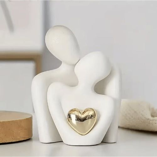 Abstract Couple Sculpture Set | Gold Heart Accent White Ceramic Romantic Statues