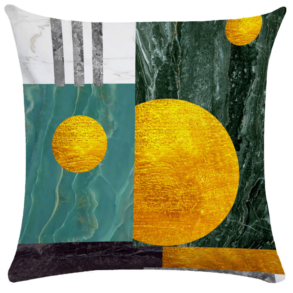 Teal and dark green marble segmented pillow cover with gold textured circles