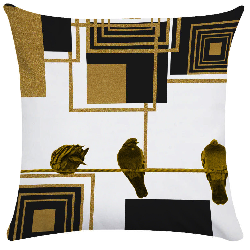White background abstract geometric pillow cover with nested shapes and gold bird silhouettes