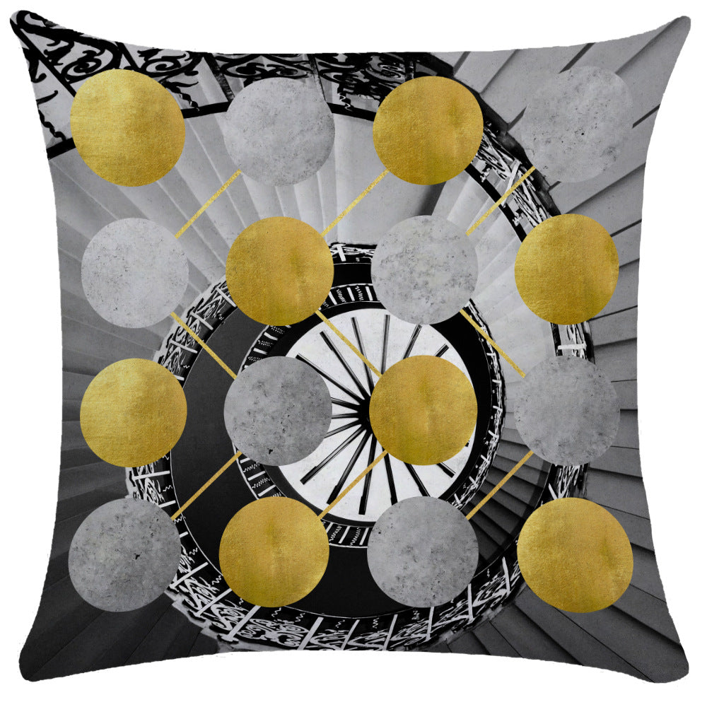 Black and white spiral staircase abstract pillow cover with gold and gray circle network