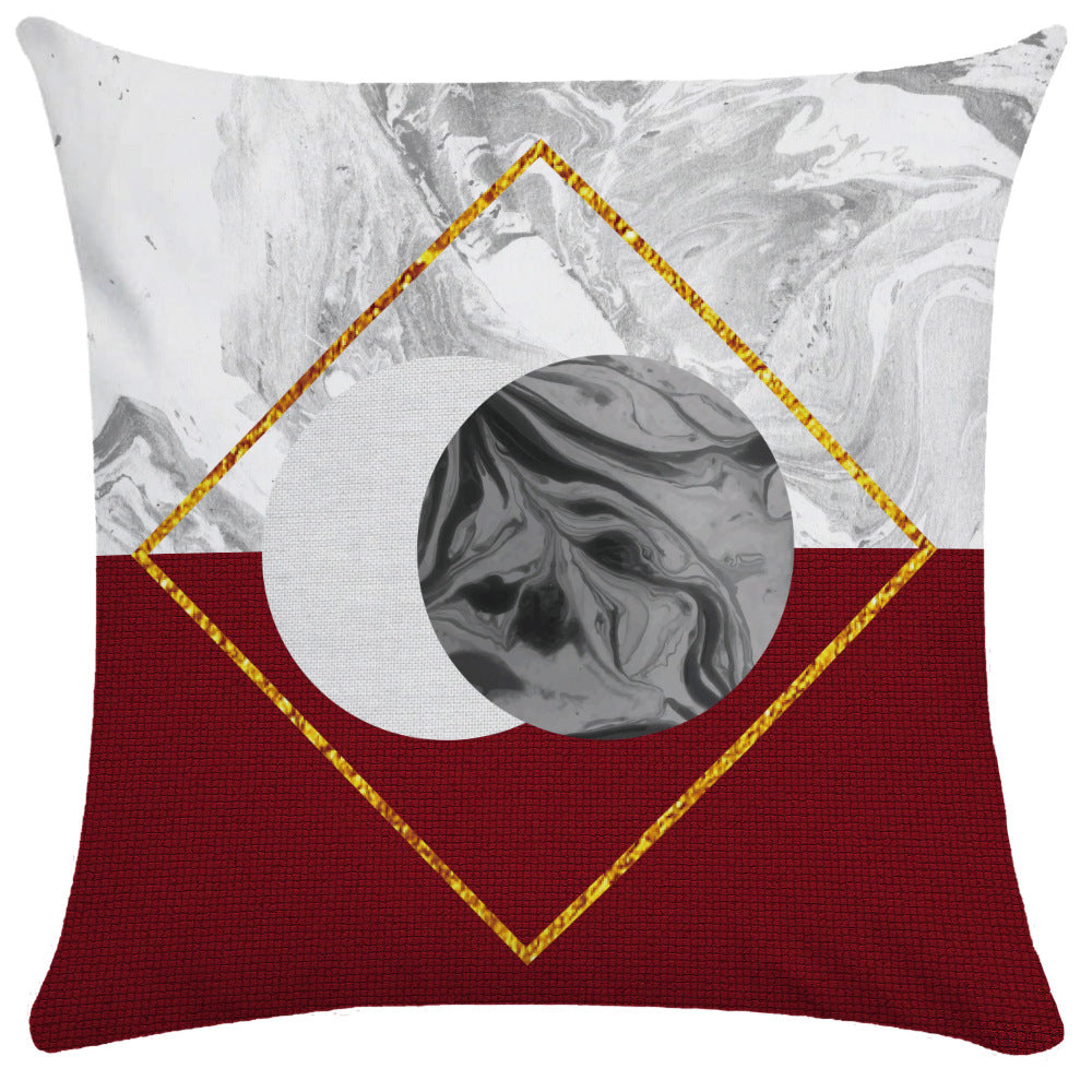 Red and gray marble two-tone pillow cover with glittery gold diamond outline