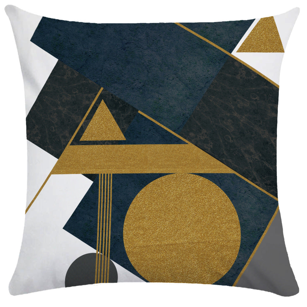 Navy and black angular geometric pillow cover with glittery gold circle and triangle