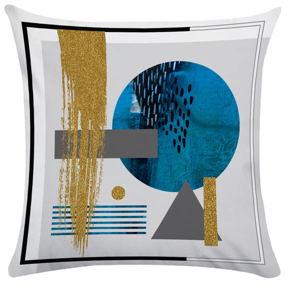 Abstract geometric pillow cover with gold glitter brushstrokes and blue textured circle