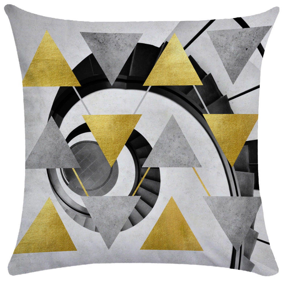 Monochrome spiral staircase pillow cover with gold and gray triangle grid pattern