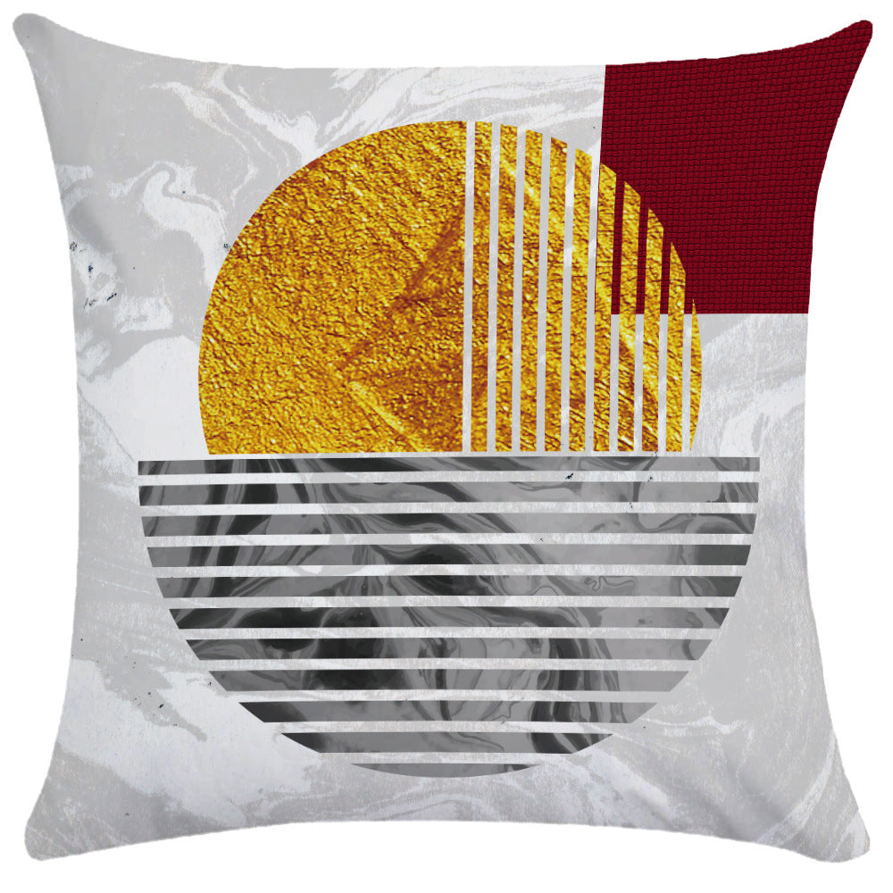 Gray marble and red textured square pillow cover with semi-circular gold design