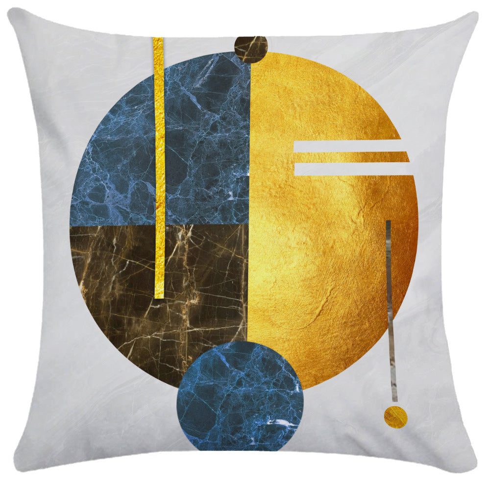 Blue and brown marble quadrant pillow cover with gold metallic texture and lines