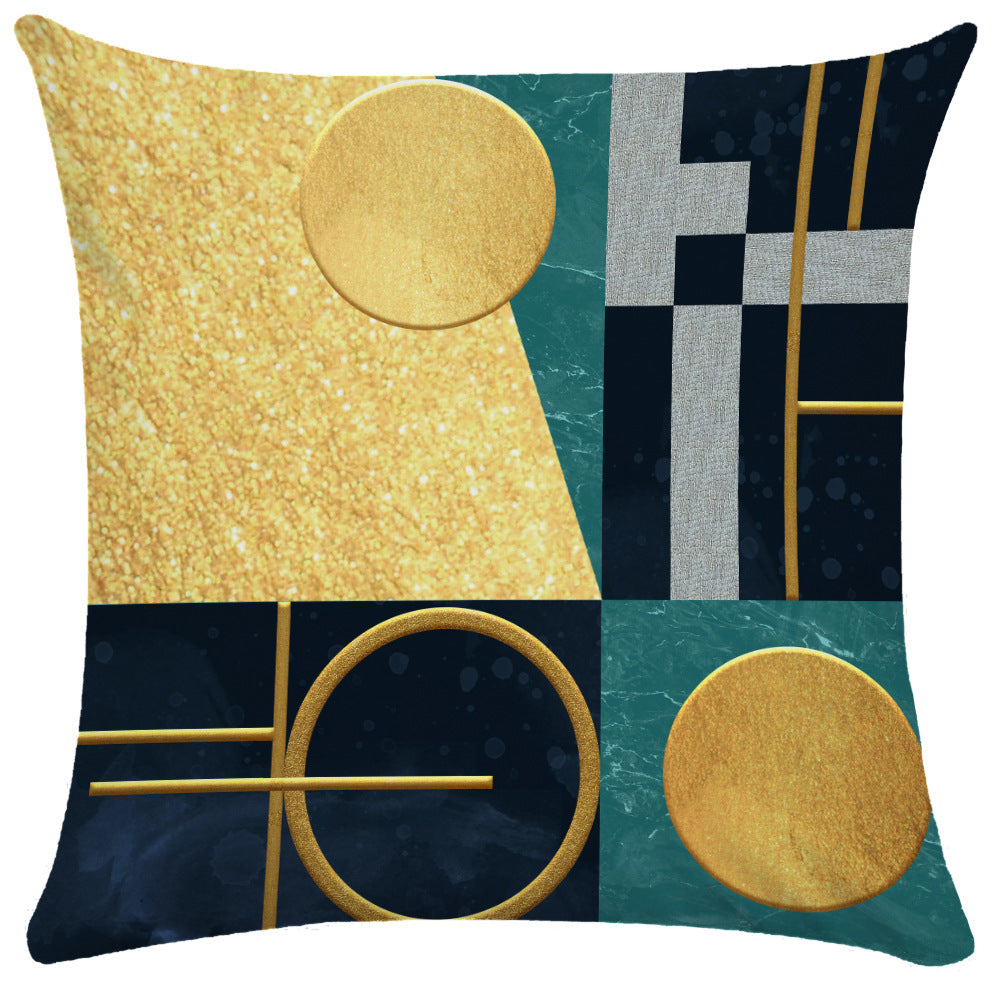 Navy blue and gold quadrant geometric pattern square pillow cover with marbled accents