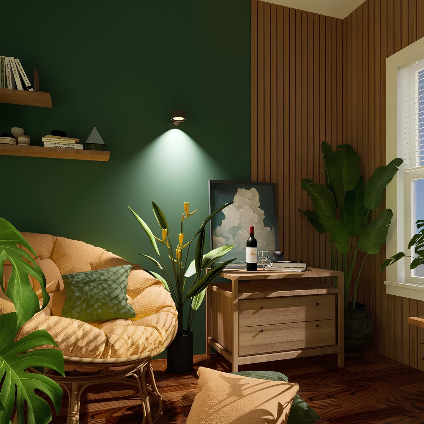 Adjustable wireless wall light with dark shade and warm beam on green wood-paneled wall