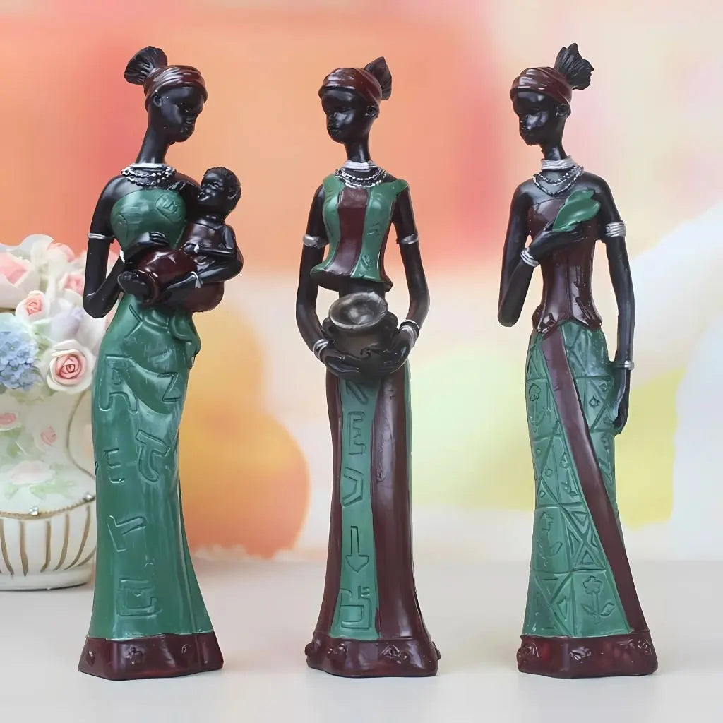 African tribal women figurine set carrying water pots with green and maroon patterned attire