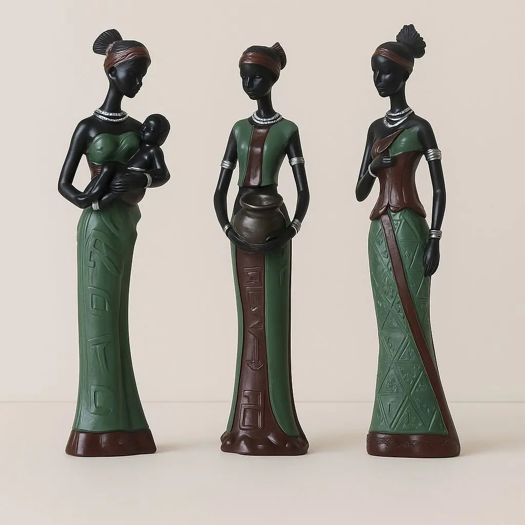 Cultural home decor African women figurines holding baby and bowl with geometric patterns