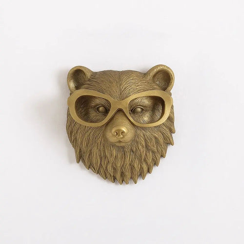 Animal Head Wall Sculpture | Antique Gold Eyeglasses Portrait Whimsical Resin