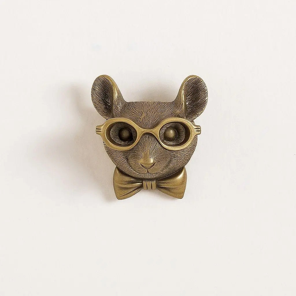 Antique gold mouse head wall decor with round glasses and bow tie