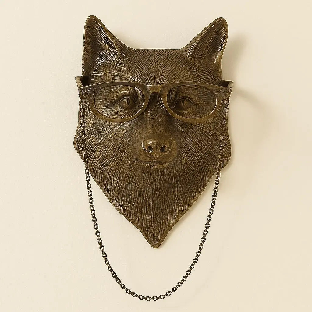 Antique gold fox head wall sculpture with textured fur and chain glasses