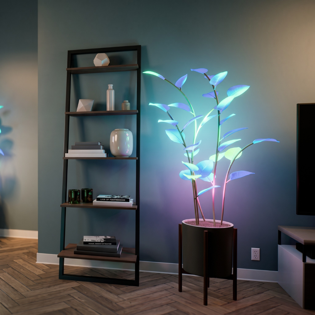 Blue green pink color changing LED plant lamp beside bookshelf indoors