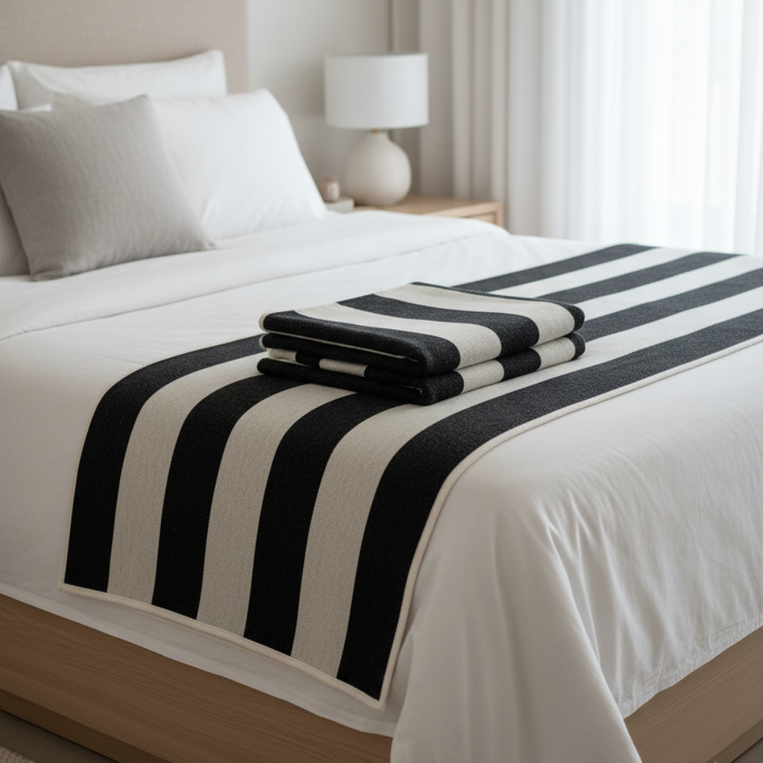 BOB Modern Striped Cotton-Wool Blanket - Reversible Black & White Wide Stripe Throw - Soft Velvet Texture