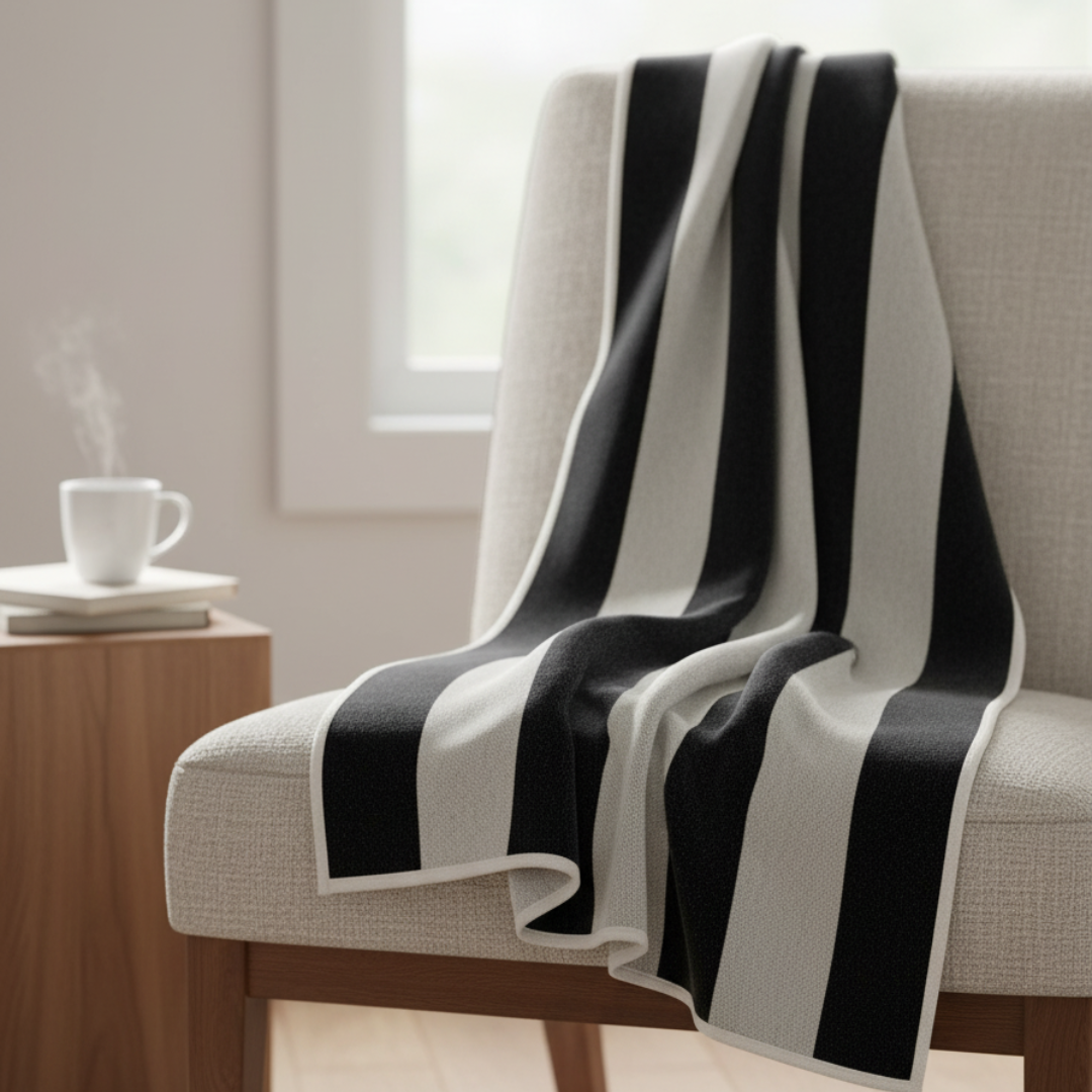 BOB Modern Striped Cotton-Wool Blanket - Reversible Black & White Wide Stripe Throw - Soft Velvet Texture