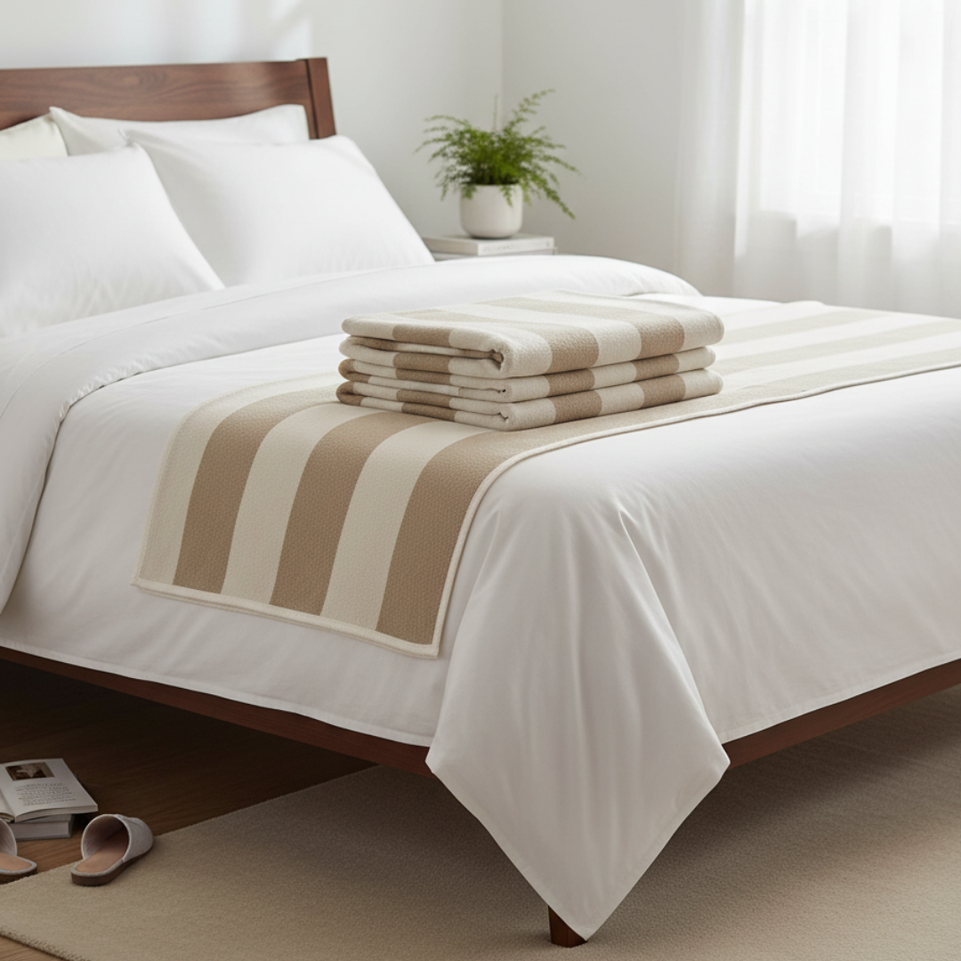 BOB Striped Cotton-Wool Blanket – 90x120cm Mud Beige Velvet-Texture Throw