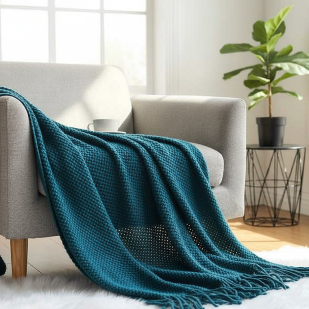 Battilo Open Knit Basketweave Blanket - Soft Lightweight Decorative Throw with Unbraided Fringe Edges