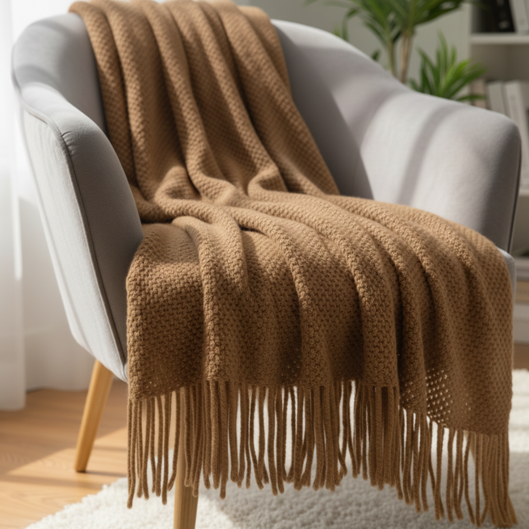 Battilo Open Knit Basketweave Blanket - Soft Lightweight Decorative Throw with Unbraided Fringe Edges