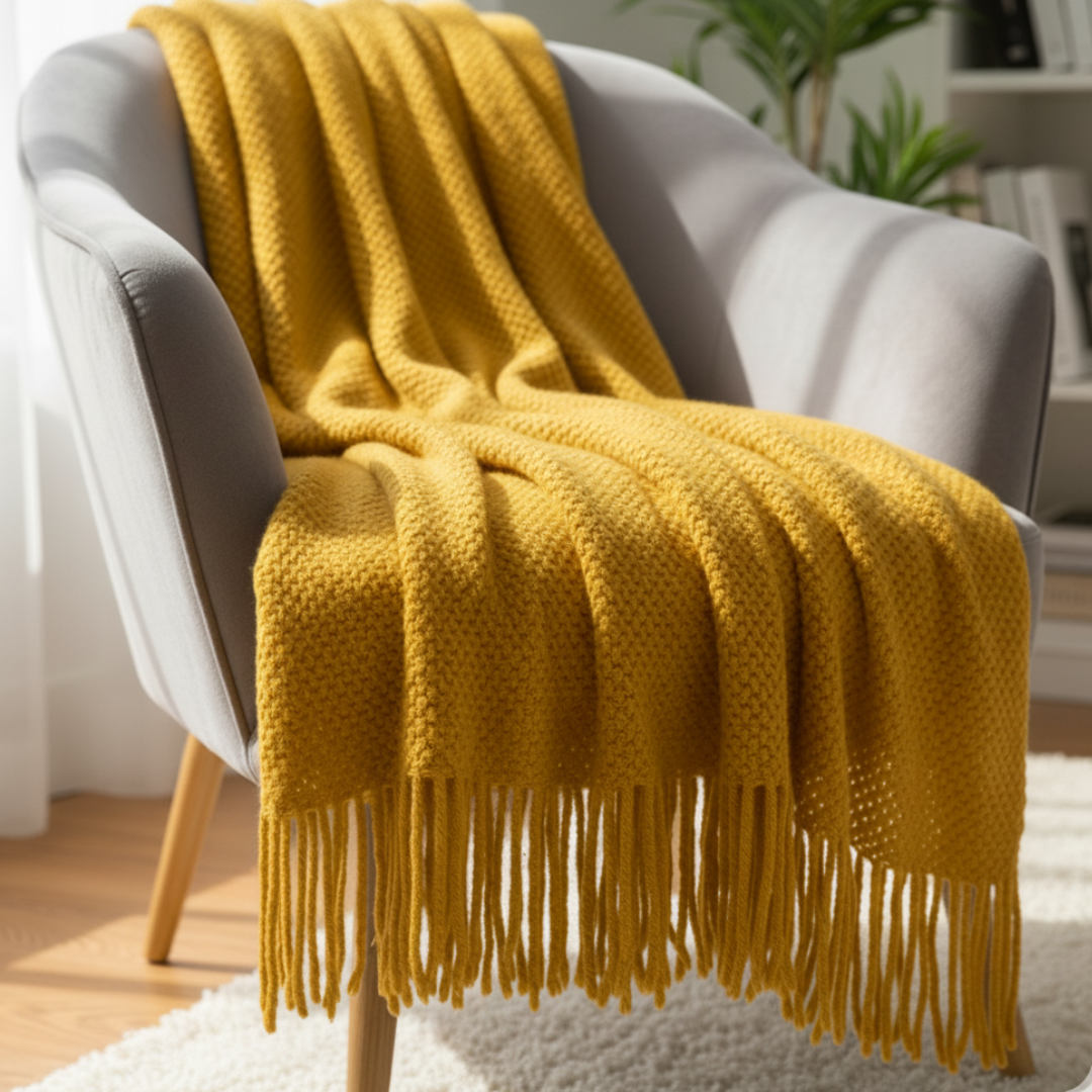 Battilo Open Knit Basketweave Blanket - Soft Lightweight Decorative Throw with Unbraided Fringe Edges