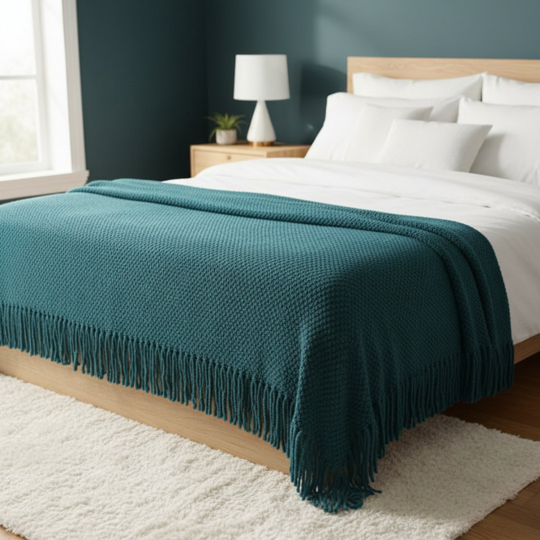 Battilo Open Knit Basketweave Blanket - Soft Lightweight Decorative Throw with Unbraided Fringe Edges