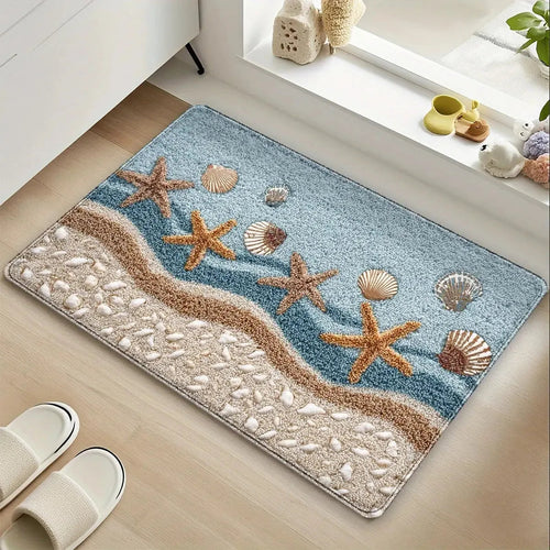 Beach Theme Bath Mat | Seashell Starfish Ocean Wave Print Textured Microfiber