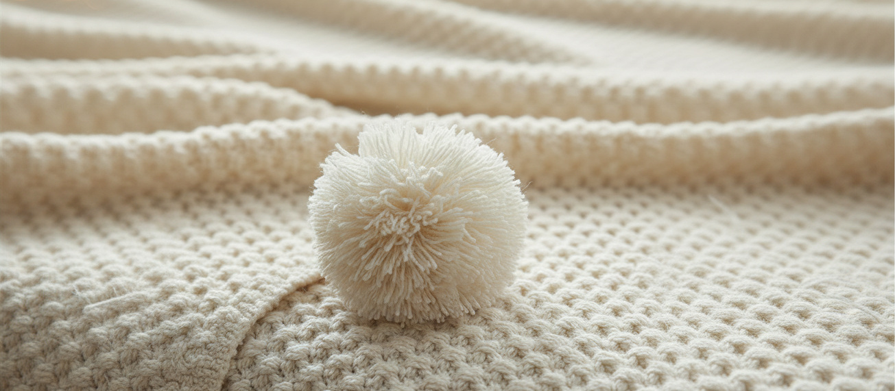 Beige textured fabric with a fluffy pom-pom on a matching background