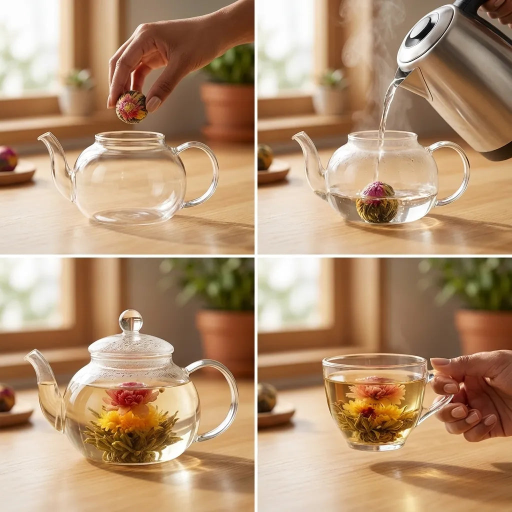 Step by step blooming flower tea preparation guide in glass pot