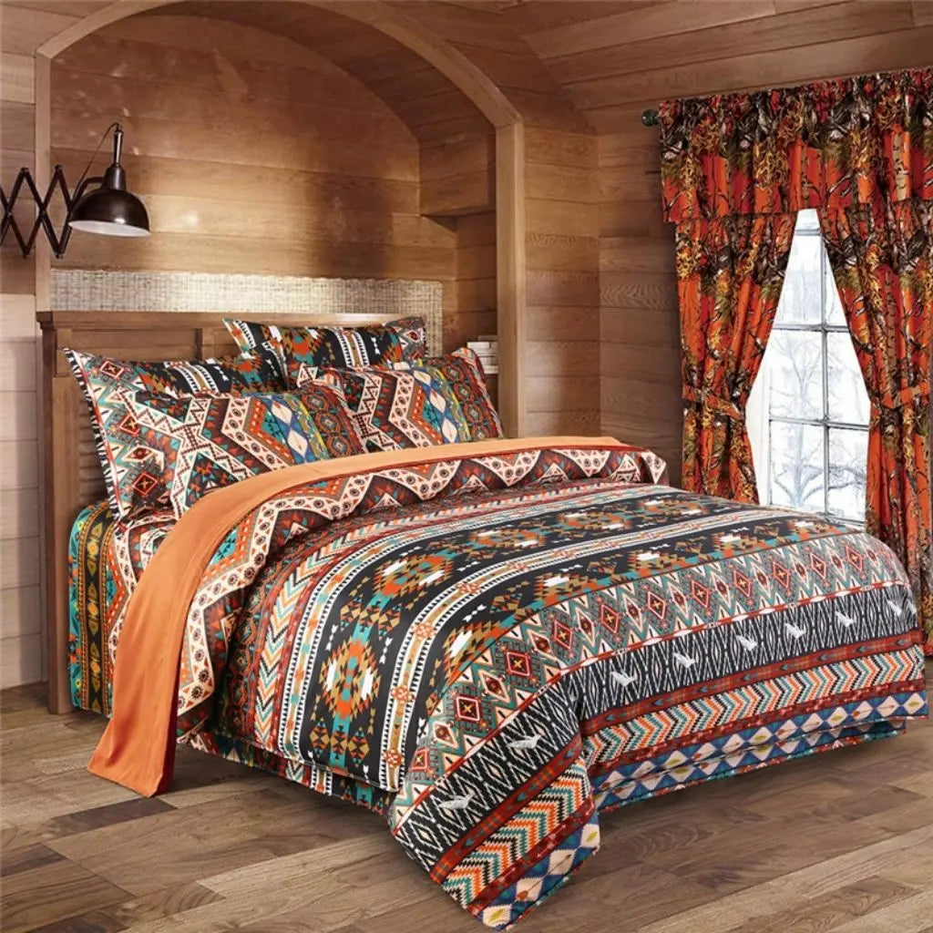 Queen bohemian tribal duvet cover set with red turquoise geometric patterns and orange throw blanket