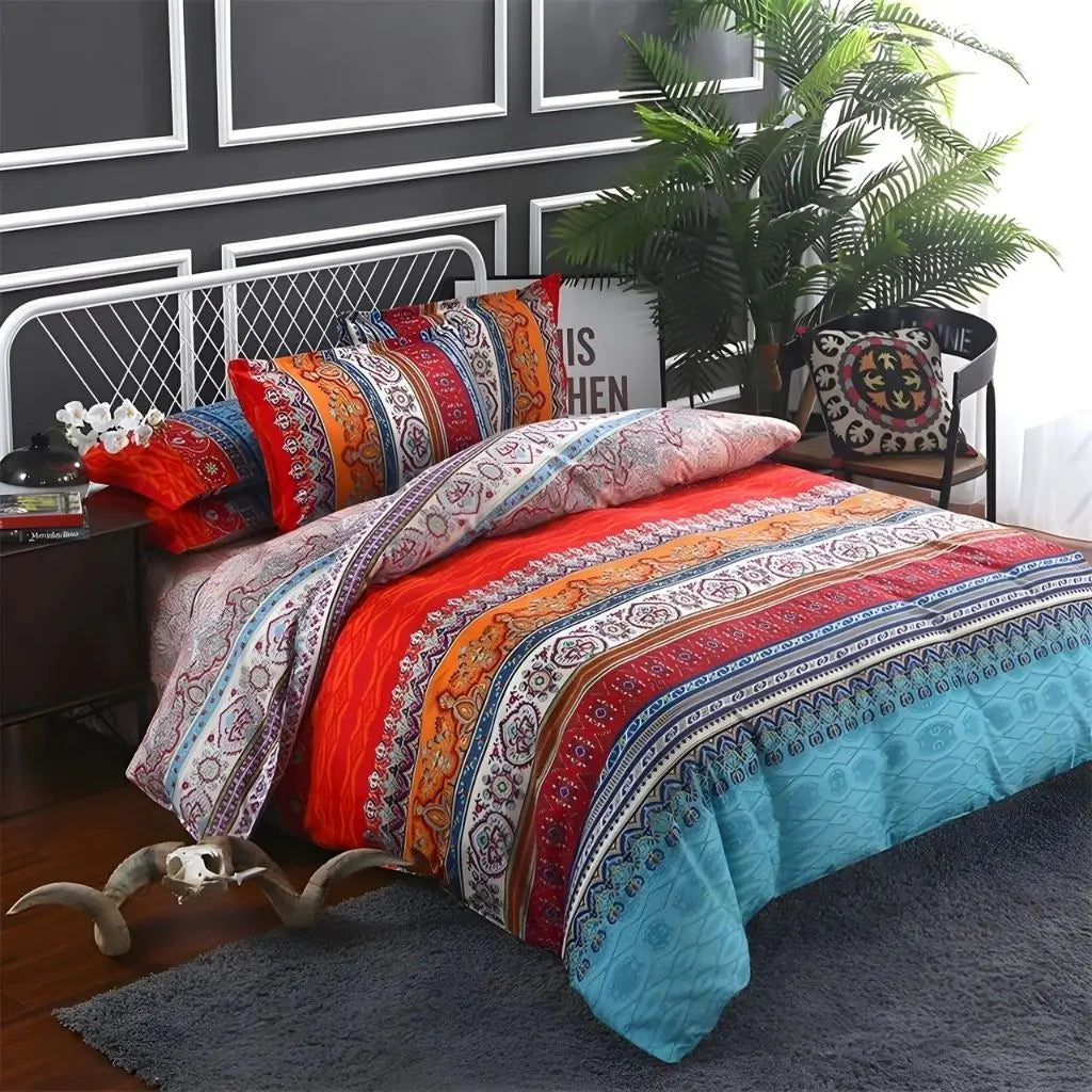 Colorful ethnic striped duvet cover set with paisley and geometric bands in modern bedroom