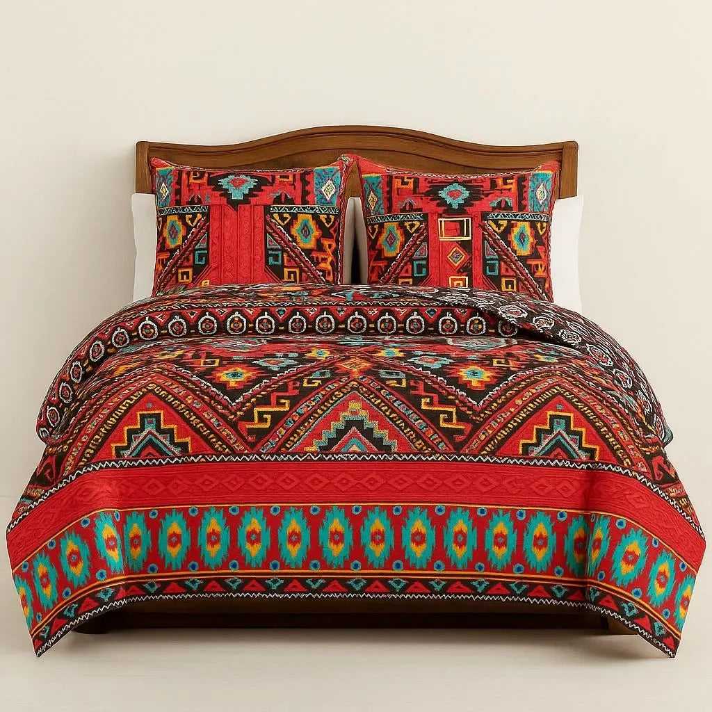 Deep red Aztec duvet cover set featuring bold diamond zigzag tribal motifs on queen bed
